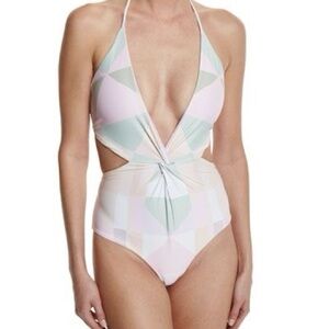 Mara Hoffman Pastel Geometric Halter Swimsuit in Pink, Mint, Cream